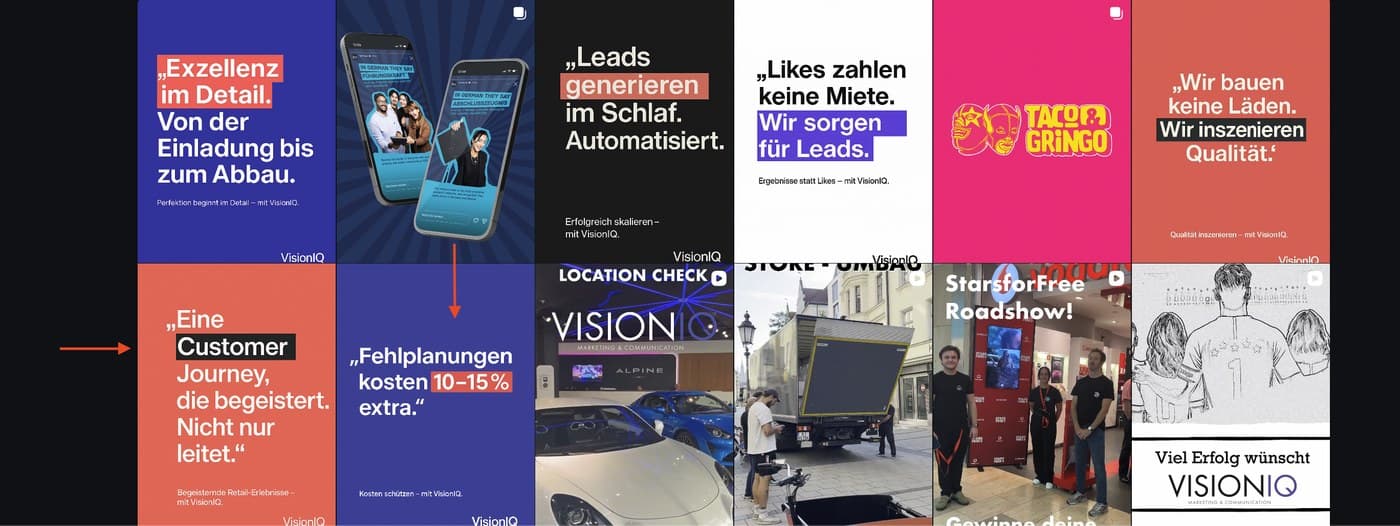 Grid of VisionIQ Instagram posts, all generated through the pipeline, showing consistent on-brand layout and color treatment across posts