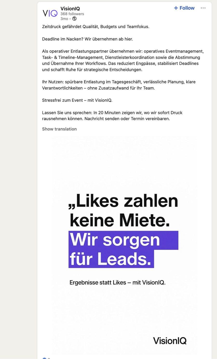 A live VisionIQ LinkedIn post with copy and graphic generated by the content pipeline